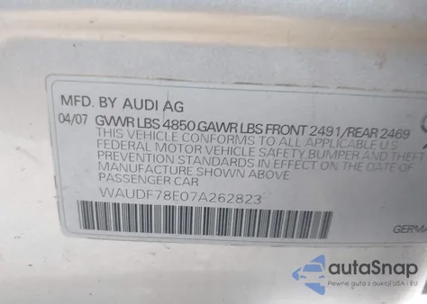 2007 Audi A4 2.0T z USA, uszkodzony, nr VIN WAUDF78E07A262823